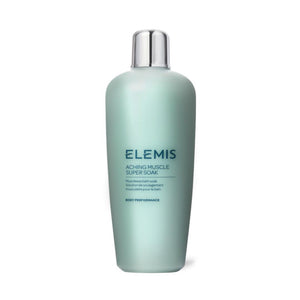 A bottle of ELEMIS - ACHING MUSCLE SUPER SOAK from ELEMIS - STEINER is shown against a white background. The muted teal bottle, with a silver cap and dark blue text, clearly states the product's name and purposes. Labelled "Body Performance," this antioxidant-rich soak relieves aching muscles for an energizing bath experience.