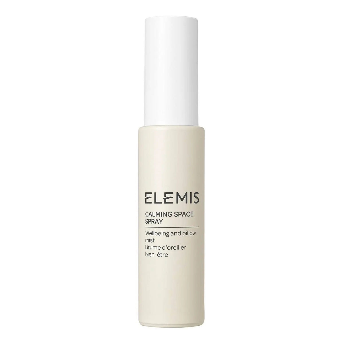 A white bottle of ELEMIS - CALMING SPACE SPRAY by ELEMIS - STEINER with a white cap and minimalist black text, ideal as a wellbeing and pillow mist infused with essential oils for your bedtime ritual.