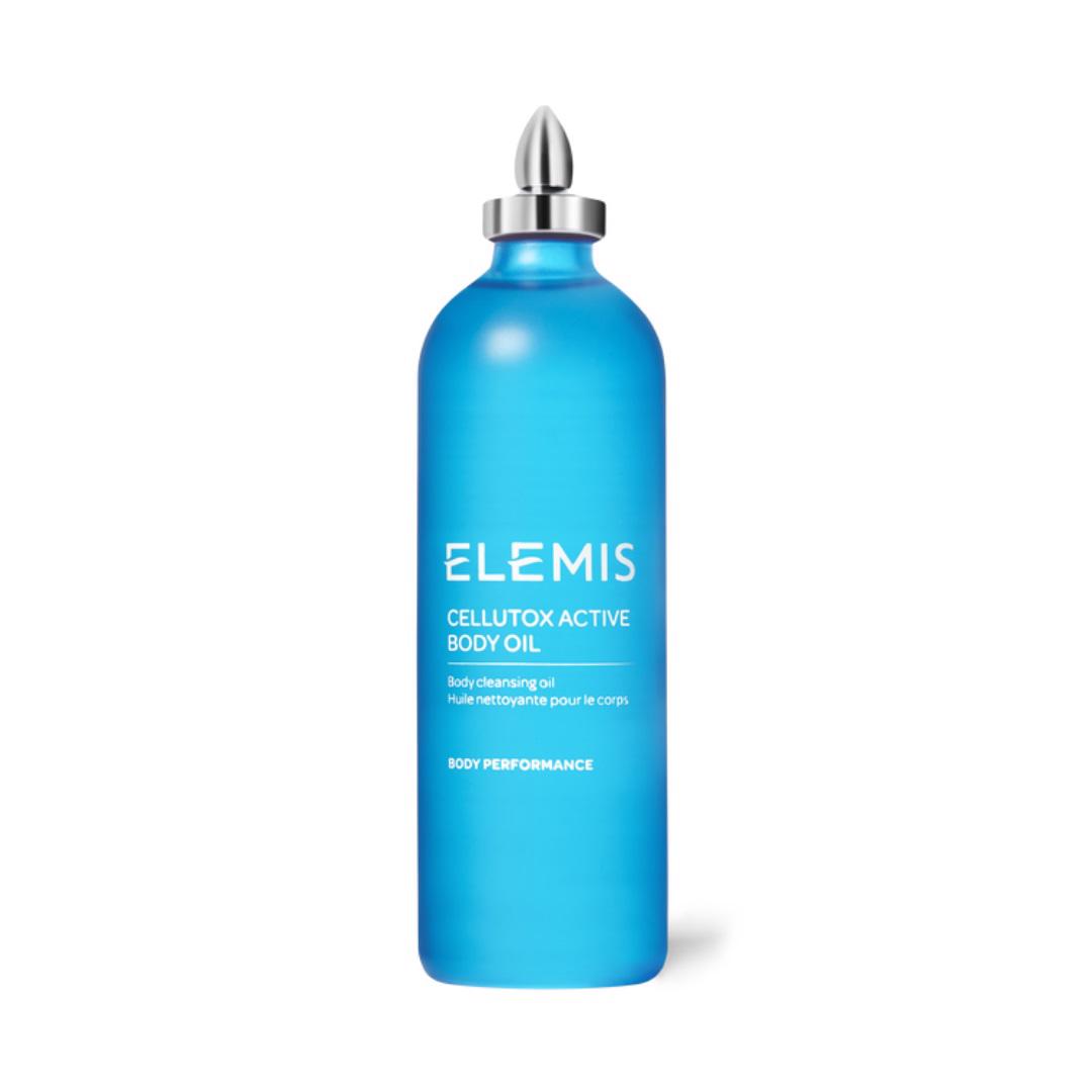 A blue bottle of ELEMIS - CELLUTOX ACTIVE BODY OIL from ELEMIS - STEINER with a silver cap. The text on the bottle reads &quot;ELEMIS - CELLUTOX ACTIVE BODY OIL,&quot; followed by &quot;Detoxifying body oil&quot; in smaller font and then &quot;Body Performance&quot; at the bottom. Perfect for anti-cellulite care and infused with nourishing actives.