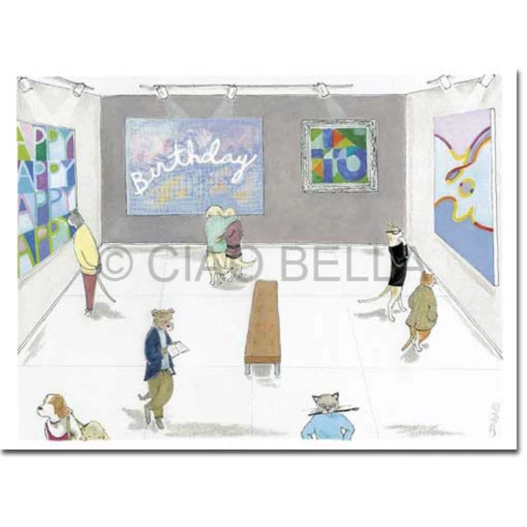 A group of anthropomorphic animals, attired in human clothing, are admiring artwork in a modern gallery. The vibrant abstract pieces feature a sign with "birthday" written on it. One animal is jotting down notes on a CIAO BELLA - ONE MAN SHOW CARD from the CIAO BELLA brand, while others leisurely observe the art, their curiosity filling the blank spaces of the room.