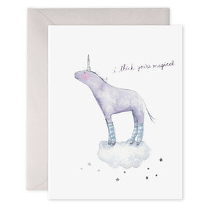 The E. FRANCES PAPER - I THINK YOU'RE MAGICAL CARD features an original watercolor of a purple unicorn with striped legs on a cloud, accompanied by the handwritten message, "I think you're magical," highlighted by stars and printed on luxe heavyweight paper for elegance.
