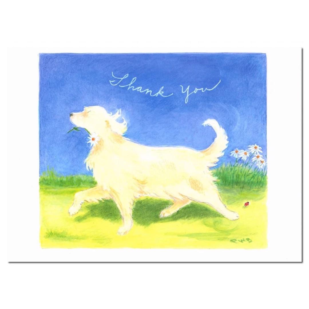 The CIAO BELLA - DAISY GIRL CARD by CIAO BELLA features a cheerful golden retriever with a flower in its mouth on green grass, "Thank you" in cursive above, and daisies with a ladybug nearby—perfect for a blank note card.