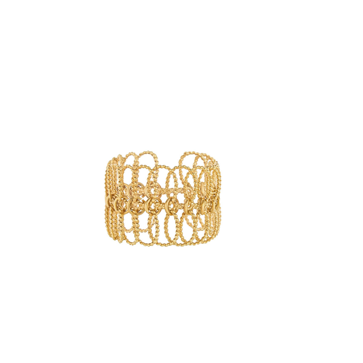 The STC SYLVIA TOLEDANO XXL LINKS GOLD BRACELET showcases an intricate, openwork design with interconnecting circular patterns, embodying the essence of neo-vintage jewelry. The textured metal creates a delicate and ornate appearance against a plain white background.