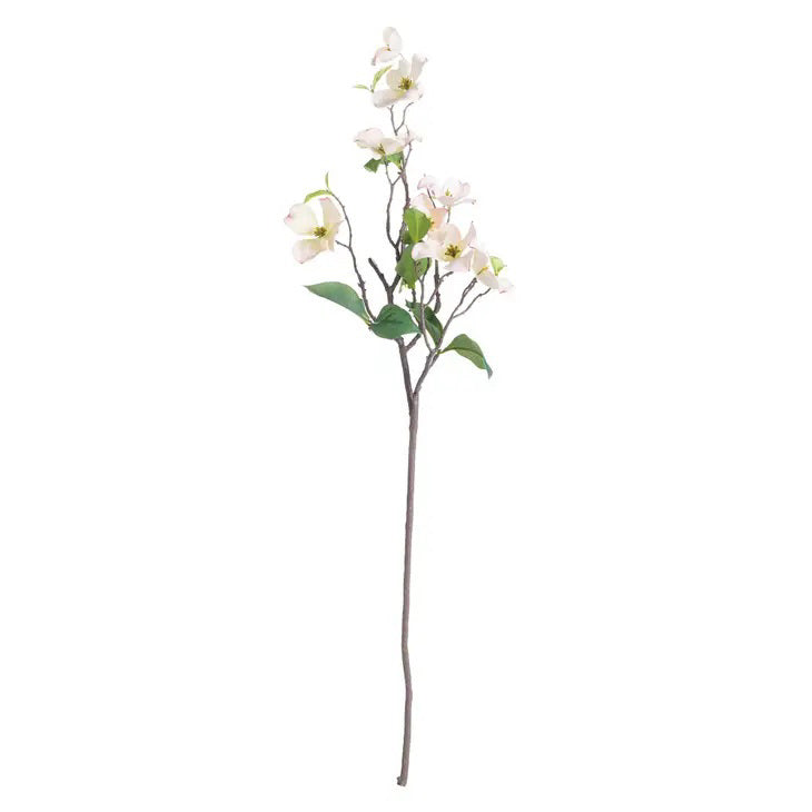 The NAPA HOME AND GARDEN - DOGWOOD BRANCH features a slender branch with open white flowers and green leaves against a white background, ideal for realistic interior decor.