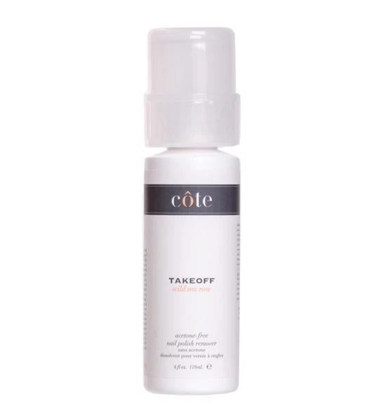 A white bottle labeled "COTE" with "TAKE OFF POLISH REMOVER 4OZ" written underneath, indicating it is a Côte non-acetone remover. The bottle also features text stating "soft on skin" and has a screw-on cap. The volume is noted as 4 fl. oz. (120 ml).
