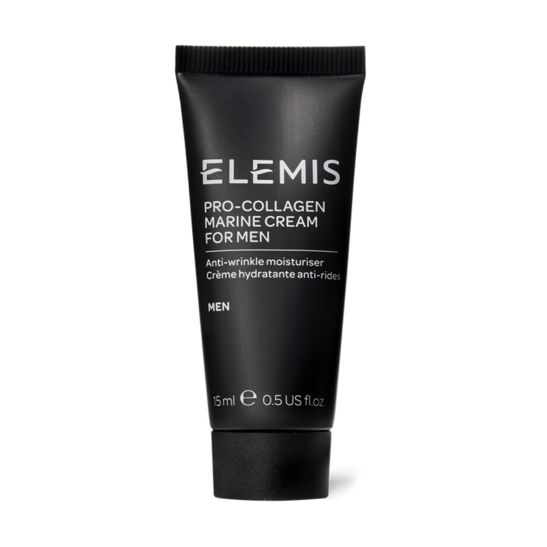 A black 15 ml tube of ELEMIS - STEINER TIME FOR MEN Pro-Collagen Marine Cream for Men. The text on the tube indicates it is a hydrating, anti-ageing moisturiser that reduces wrinkles.