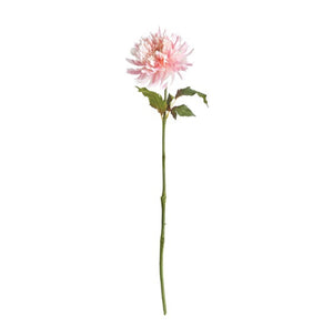 A life-like pink chrysanthemum by Napa Home and Garden blooms on a slender green stem with leaves, set against a white backdrop.