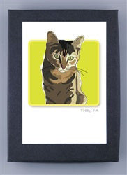 The PAPER RUSSELS - TABBY CAT BOXED CARDS by PAPER RUSSELLS feature an illustrated tabby cat with a focused look on a bright yellow background, framed on dark recycled paper and crafted in the USA.