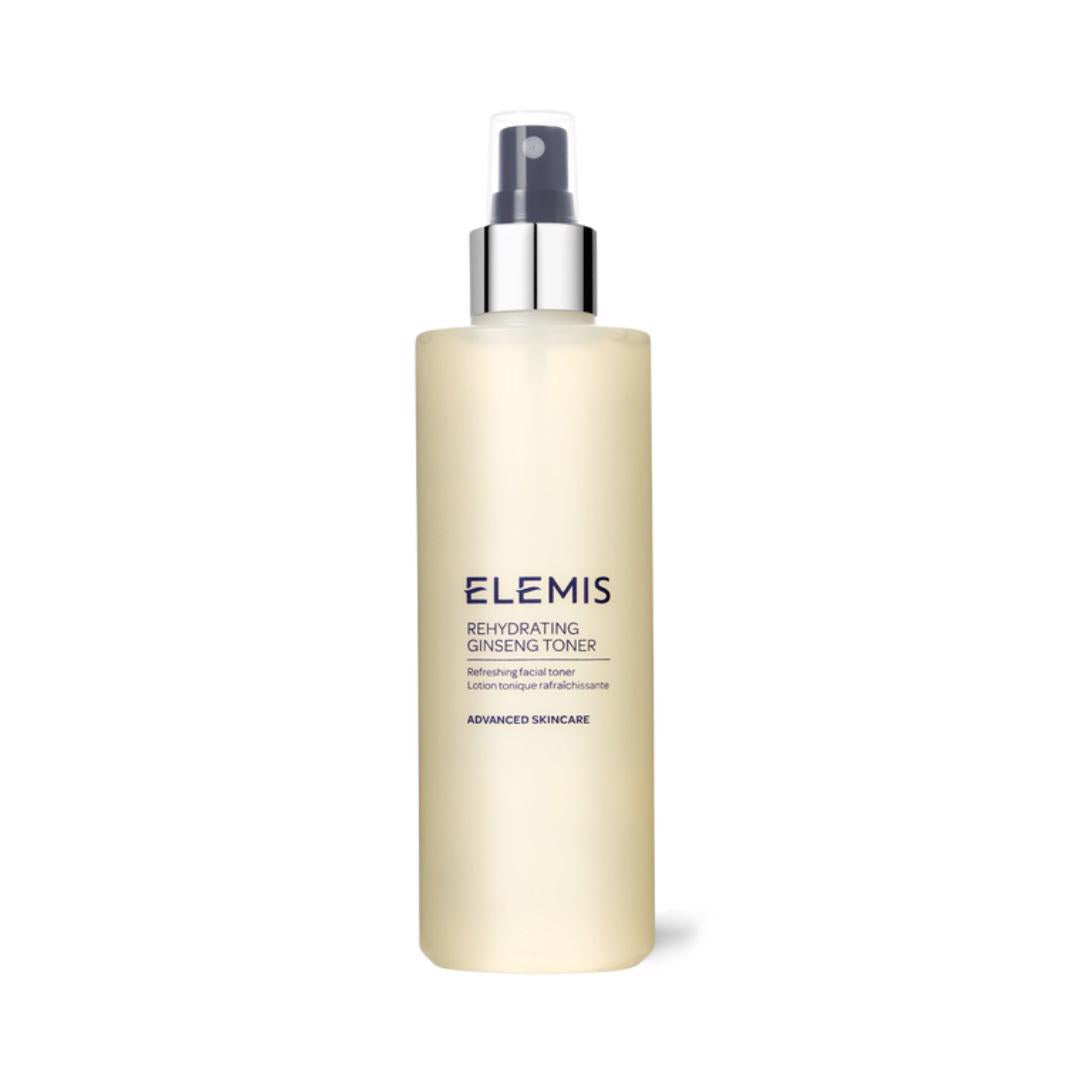 Displayed against a white background is a bottle of ELEMIS - REHYDRATING GINSENG TONER from ELEMIS - STEINER, featuring a pump spray top. The label reads &quot;Advanced Skincare&quot; and describes it as a refreshing facial toner for dry skin. Infused with Korean Ginseng, the bottle boasts a sleek, translucent beige appearance.