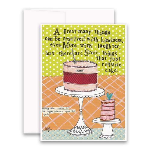 Introducing the CURLY GIRL DESIGNS - CAKE REQUIRED GREETING CARD by Curly Girl Design, Inc. This delightful card features charming illustrations of cakes on stands and carries the whimsical message: "A great many things can be resolved with kindness, even more with laughter, but there are some things that just require cake." The background highlights green polka dots and an orange diamond pattern, capturing hand-stamped wisdom perfectly.