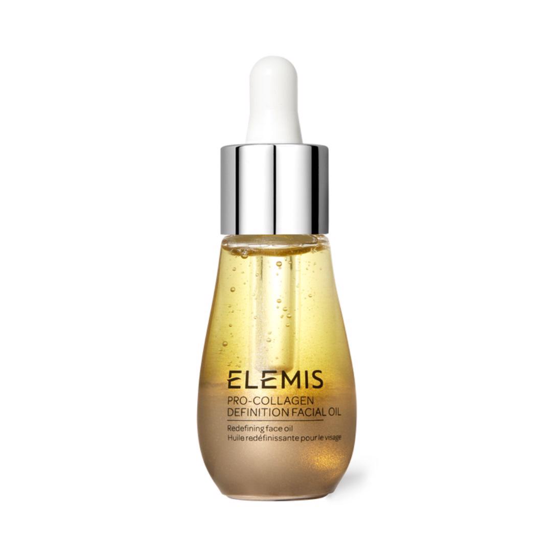 A 15ml bottle of ELEMIS - Pro-Collagen Definition Facial Oil from ELEMIS - STEINER. The glass container is filled with a yellow, antioxidant-rich liquid and topped with a silver and white dropper cap. The label showcases the product name and description in black text, promising deep facial hydration.