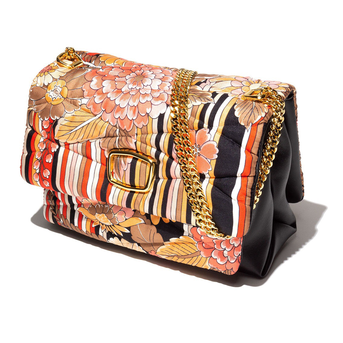 Introducing the VINATAGE SCARF AND LEATHER HANDBAG RED &amp; BLACK by MILANO MM33. This stylish lambskin handbag boasts a colorful floral and striped pattern, reminiscent of a vintage scarf bag. The design includes vibrant shades of orange, red, black, and white. It features a quilted texture, a prominent buckle on the front, and a gold chain strap. Proudly made in Italy.