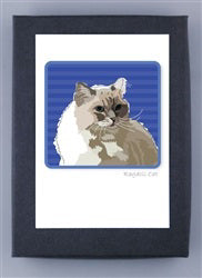 A note card from PAPER RUSSELLS features a stylized, minimalist illustration of a light brown and white cat against a blue background with horizontal stripes. Printed on recycled paper, this artwork proudly states "Ragdoll Cat" below the image and is made in the USA.