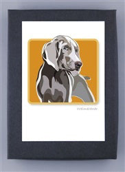 The PAPER RUSSELS - WEIMERANER BOXED CARDS by PAPER RUSSELLS feature a sleek-coated, pointed-ear gray dog illustration on a warm orange backdrop. The artwork is crafted on recycled paper and framed with a dark gray border.