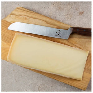 The PRO CHEESE KNIFE by FORMATICUM features a long, straight-edged stainless steel blade that is slightly curved at the tip and showcases a few markings. The knife is fitted with a wooden handle secured by three rivets. Meticulously handmade in Italy, it is displayed against a plain white background.