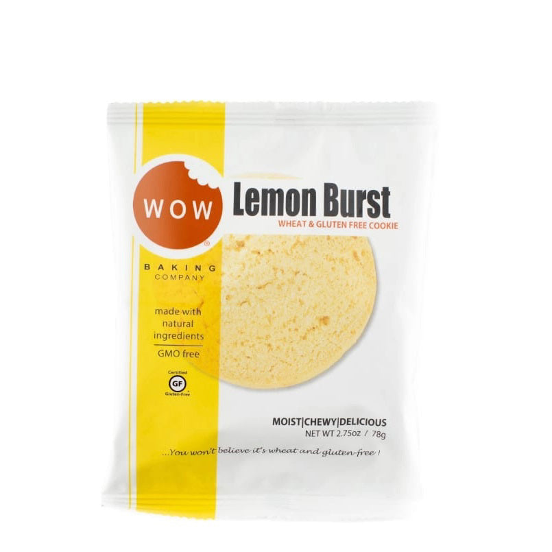 A package of WOW BAKING - GLUTEN FREE LEMON BURST COOKIE from WOW BAKING COMPANY is displayed. The front features a large image of the cookie and text stating it is made with real lemon oil, a wheat and gluten-free flour blend, natural ingredients, GMO-free, and weighs 2.75oz (78g). The bottom reads "Moist, Chewy, Delicious.