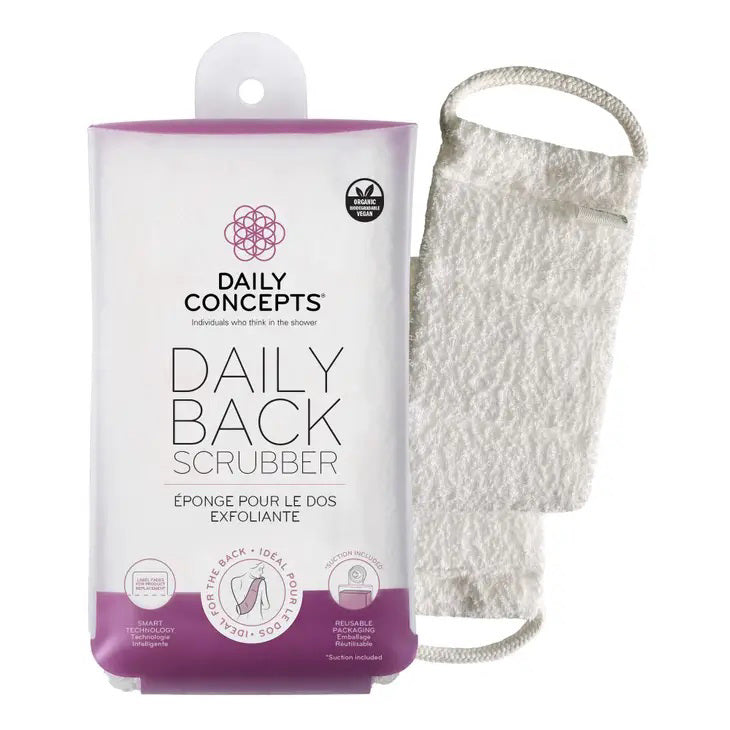 Photo of the &quot;DAILY CONCEPTS&quot; brand &quot;BACK SCRUBBER&quot; package. The packaging is in purple and white, with text in both English and French. On the right side, you can see the product itself—a textured exfoliating back scrubber with handles on each end, ideal for hard-to-reach areas—outside of its packaging.