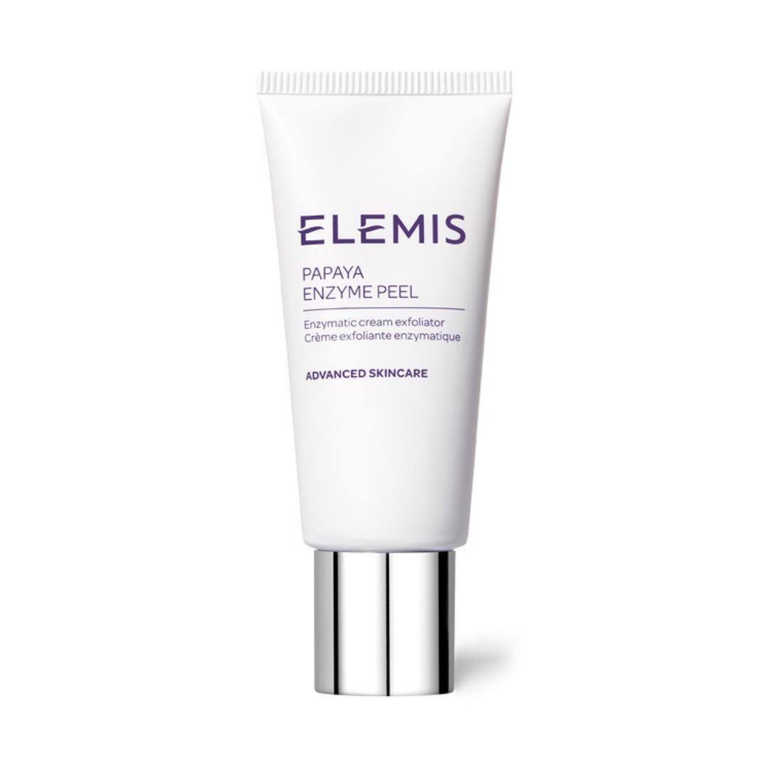 A white tube of ELEMIS - PAPAYA ENZYME PEEL from the brand ELEMIS - STEINER, an advanced skincare product infused with papaya and pineapple. This enzymatic cream exfoliator features natural fruit enzymes and comes with a silver cap and purple text indicating &quot;ELEMIS - PAPAYA ENZYME PEEL&quot; along with the description &quot;Enzymatic cream exfoliator.