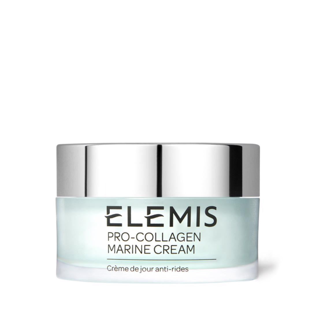 A jar of ELEMIS - PRO-COLLAGEN MARINE CREAM 50ML, an effective anti-wrinkle moisturizer from the ELEMIS - STEINER brand, is shown against a white background. The translucent jar with a silver lid contains light blue cream. The label on the jar includes text in both English and French. This luxurious product reduces fine lines and wrinkles for smoother skin.