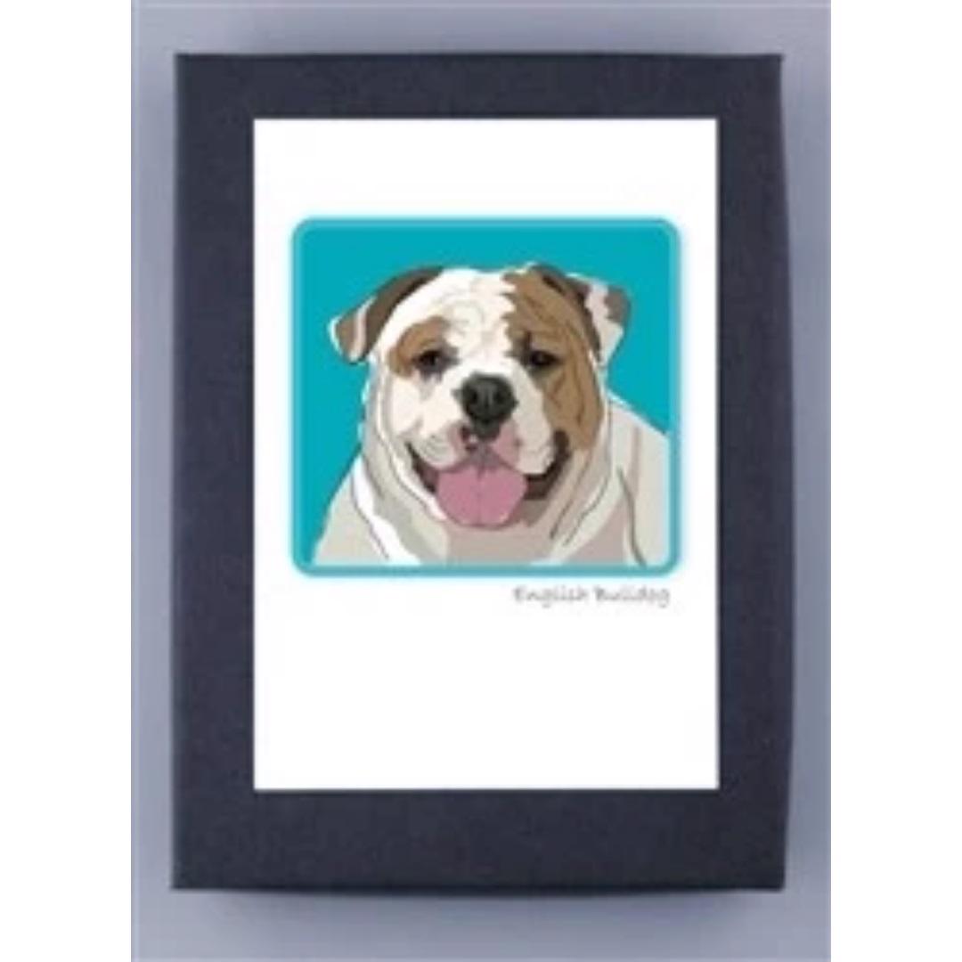 The PAPER RUSSELS - ENGLISH BULLDOG BOXED CARDS feature an illustration of an English Bulldog with a happy expression on a blue background. The art is printed on FSC certified recycled paper, framed by a dark border, and labeled "English Bulldog" beneath it.