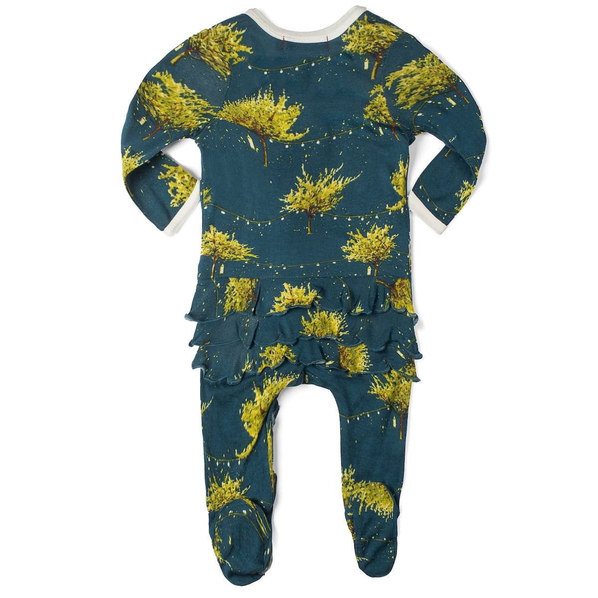 The MILKBARN - FIREFLY RUFFLE ZIP FOOTED ROMPER by MILKBARN is a baby footed romper with long sleeves and footies, featuring a delightful yellow and green tree pattern on a dark green background. Made from breathable bamboo fabric, it boasts a unique diagonal zipper that runs from the neckline down to one of the feet and decorative ruffles along the legs and back.