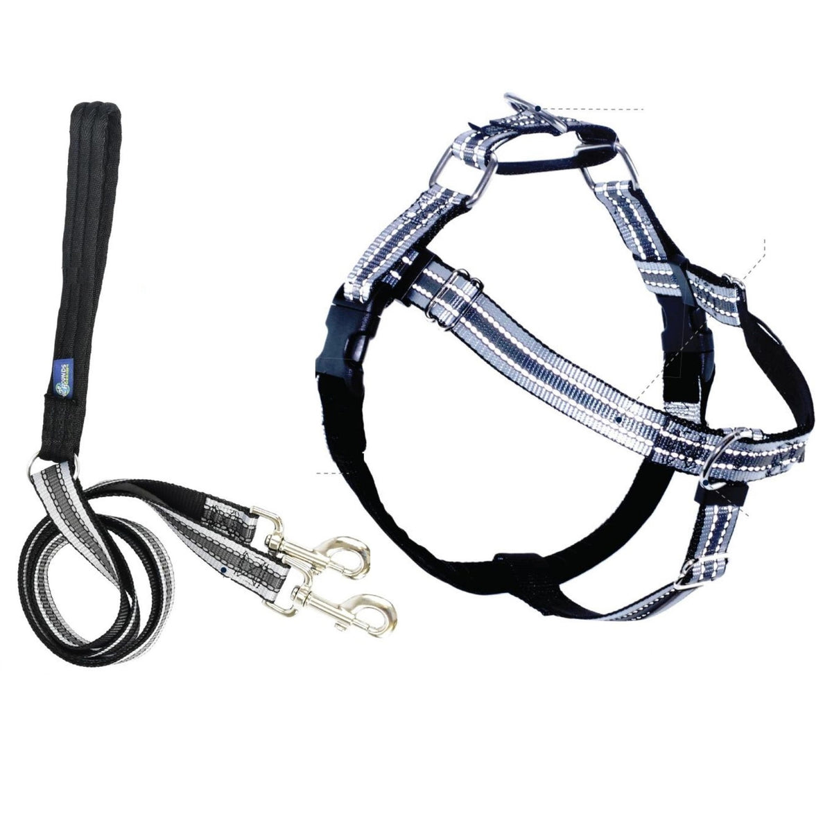 The 2 Hounds Design NO PULL HARNESS LEASH in XS Black Reflective is a durable nylon webbing harness with reflective stitching and stainless steel hardware for secure attachment. Paired with it is the matching black leash, which features a padded handle and a dual clip system for connecting to the harness.
