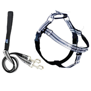 The 2 Hounds Design NO PULL HARNESS LEASH in XS Black Reflective is a durable nylon webbing harness with reflective stitching and stainless steel hardware for secure attachment. Paired with it is the matching black leash, which features a padded handle and a dual clip system for connecting to the harness.
