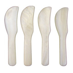 Four SEA SHELL SPREADERS S4 from BE HOME, INC arranged vertically in a row. The spreaders have rounded edges and smooth, unfinished surfaces, crafted from ethically sourced wood.