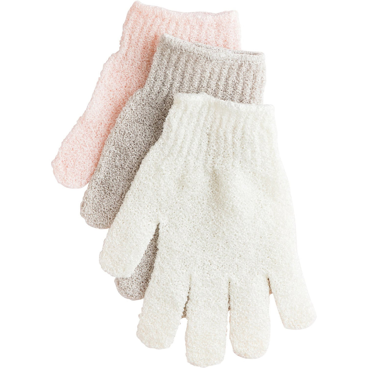 Three pairs of EUROPEAN SOAPS, LLC EXFOLIATING GLOVES arranged in a fan shape. The gloves have a fluffy texture and come in pastel colors: light pink, light gray, and off-white. Each glove features a ribbed cuff, ideal for dead skin removal to achieve silky skin.
