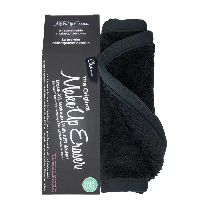An image of a black CHIC MAKEUP ERASER cloth partially folded, next to its box packaging. The box features the brand name &quot;MAKEUP ERASER&quot; along with the key selling point, &quot;Erase ALL Makeup With JUST Water!&quot; and highlights its eco-friendly and sustainable benefits.