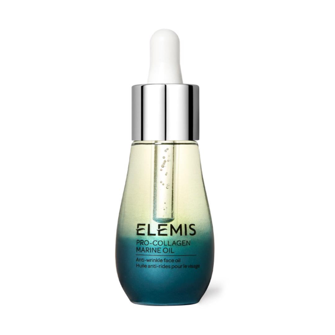 ELEMIS - STEINER&#39;s ELEMIS Pro-Collagen Marine Oil, a seaweed facial oil, is housed in a dropper bottle with a gradient design that transitions from dark teal at the bottom to clear at the top. The label on the bottle reads &quot;Anti-wrinkle face oil&quot; and &quot;Huile anti-rides pour le visage,&quot; and it features a silver dropper cap.
