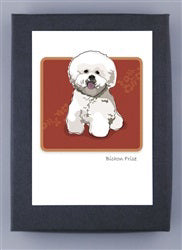Title: PAPER RUSSELLS - BICHON FRISE NOTE CARDS

Description: A charming illustration of a fluffy white dog, known as a Bichon Frise, posed against a vibrant red background and encased in a sleek black mat. The dog features an endearing round head with its tongue playfully sticking out, and is shown sitting. This delightful piece is printed on eco-friendly recycled paper, adding a thoughtful touch to your correspondence.