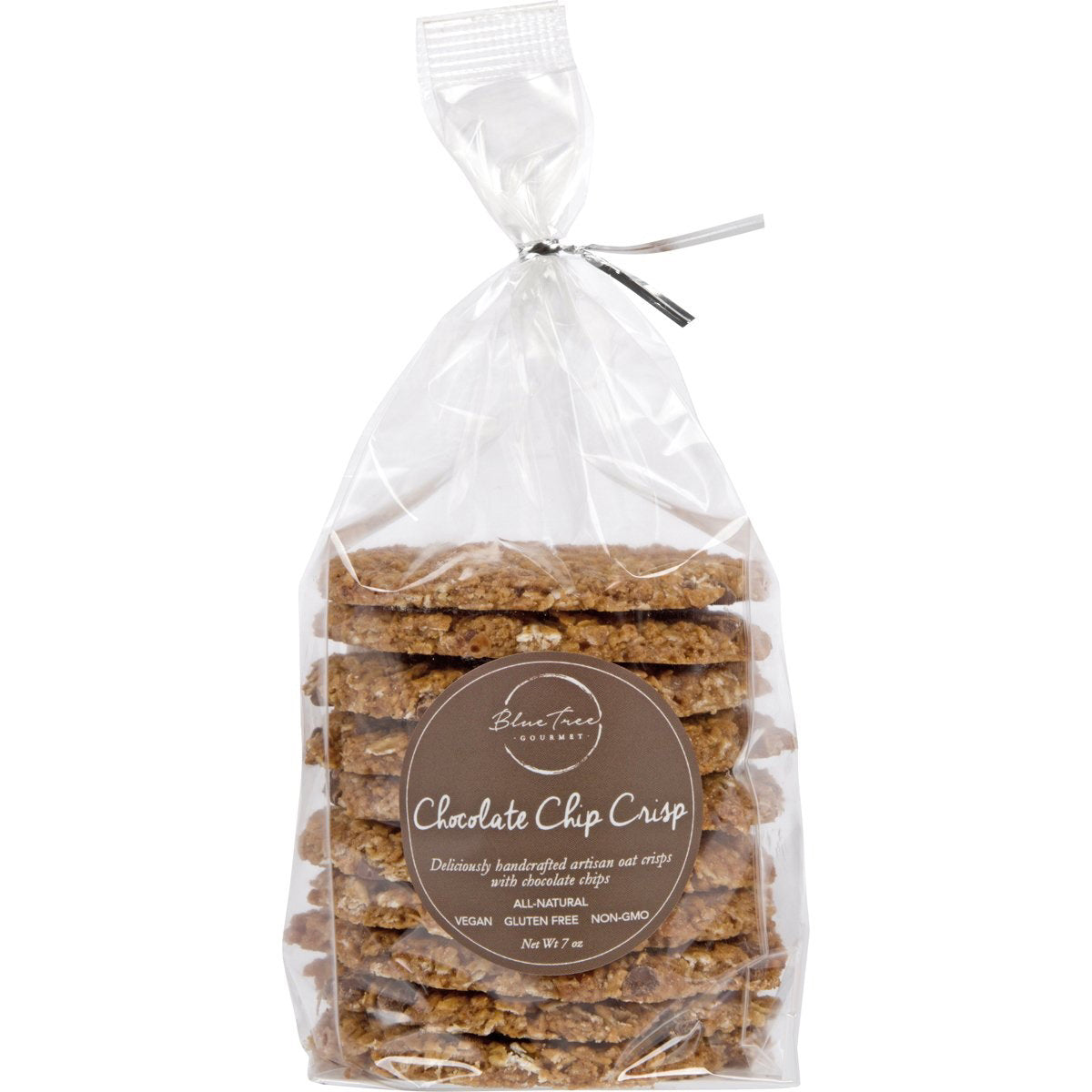 A clear plastic bag filled with round chocolate chip crisp cookies. The bag has a silver twist tie at the top and a brown label on the front with text that reads &quot;BLUETREE GOURMET - CHOCOLATE CHIP CRISP - Deliciously handcrafted artisan oat crisps with chocolate chips. All Natural, Vegan, Gluten-Free, Non-GMO. Net WT 7g&quot;.