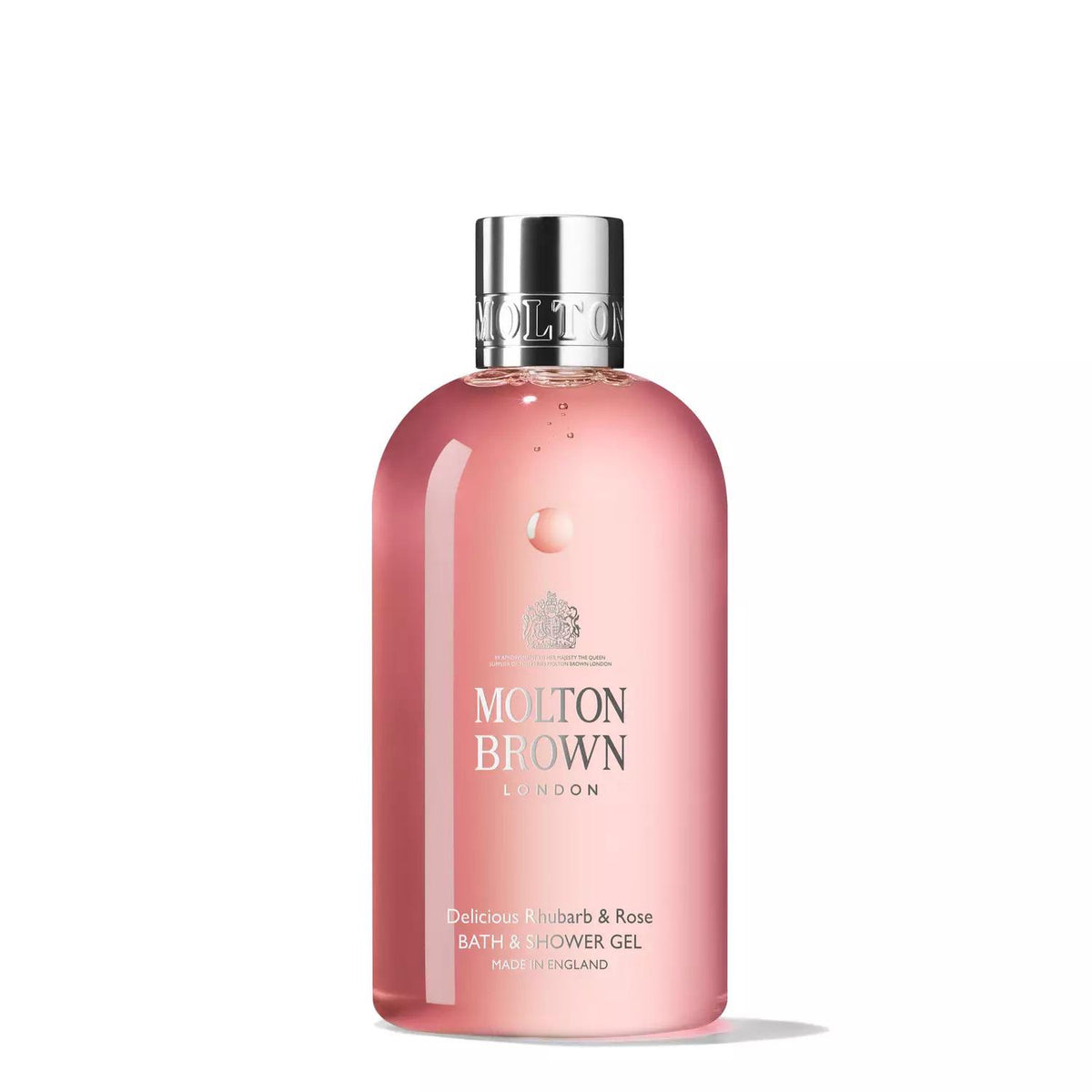A pink bottle of Molton Brown Hand Wash in the Rhubarb &amp; Rose scent. The luxurious hand wash features a shiny silver cap, and the brand name "Molton Brown London" is prominently displayed on the front. The bottle stands elegantly on a white background.