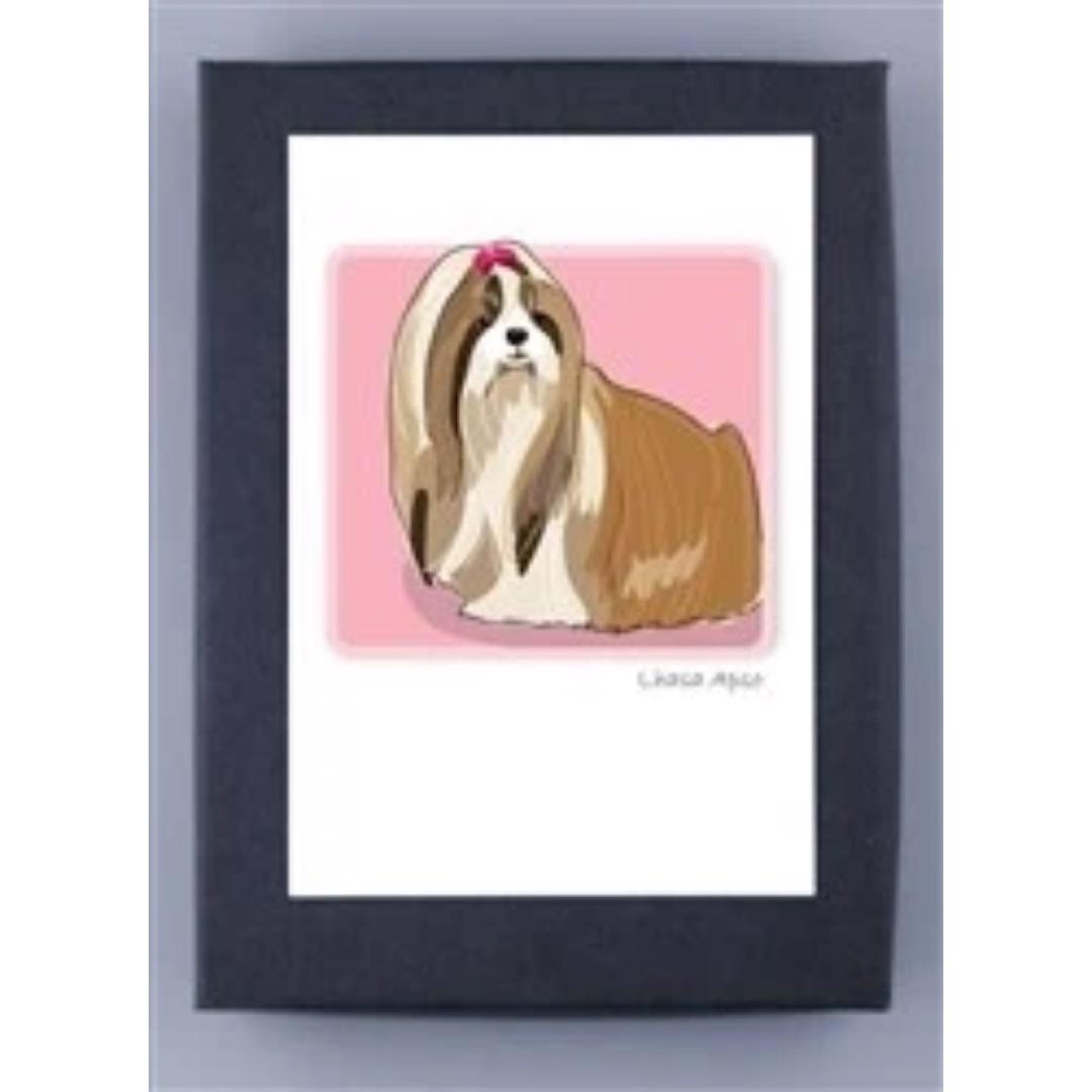 Illustration of a fluffy, long-haired Lhasa Apso dog with a pink bow on its head, set against a pink background. The black frame is crafted from recycled paper. (Product: PAPER RUSSELS - LHASA APSO BOX NOTES by PAPER RUSSELLS) Made in the USA.