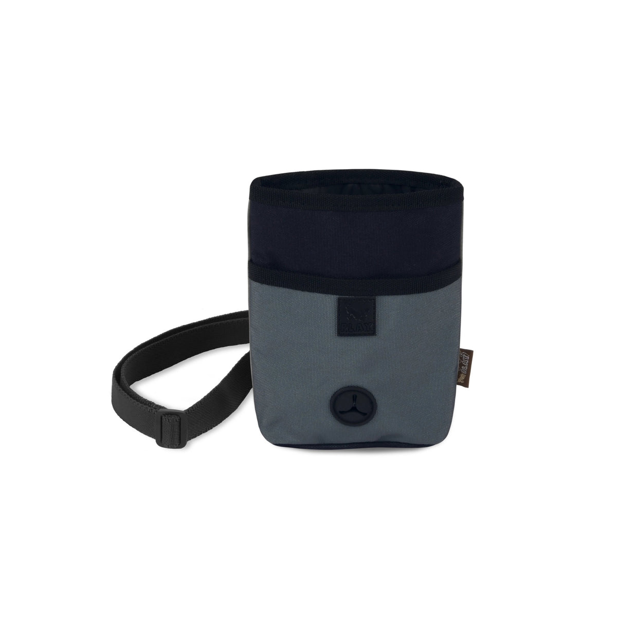 The PLAY PET LIFESTYLE TREAT POUCH ECLIPSE is a deluxe, two-toned cylindrical pouch featuring a drawstring opening at the top. The dark blue upper part contrasts with the gray lower section, enhanced by a black adjustable strap and a small circular black emblem near the bottom. It&#39;s perfect for holding dog training essentials or serving as a poop bag dispenser.