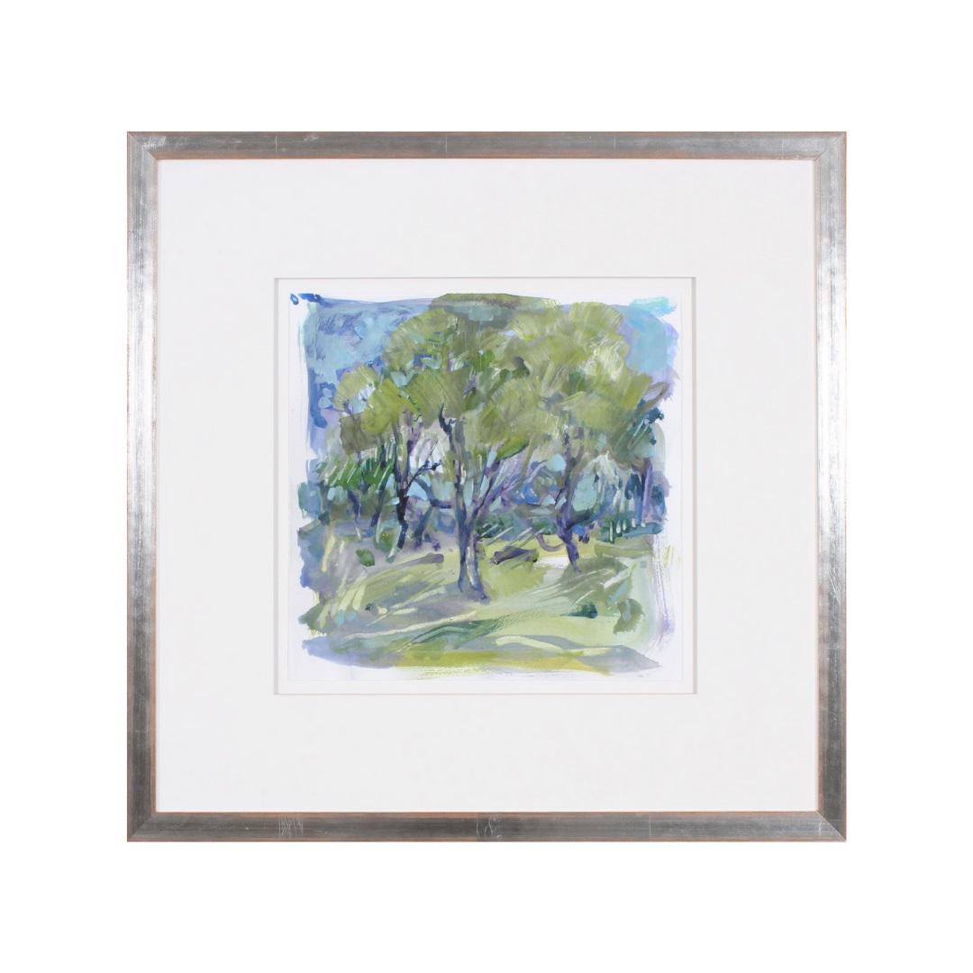 A framed painting titled &quot;ABSTRACT LANDSCAPE 1&quot; from the SHADOW CATCHERS collection, featuring abstract green and blue trees with a light green grass field beneath. The simple silver frame and wide white mat beautifully enhance this Giclee reproduction.