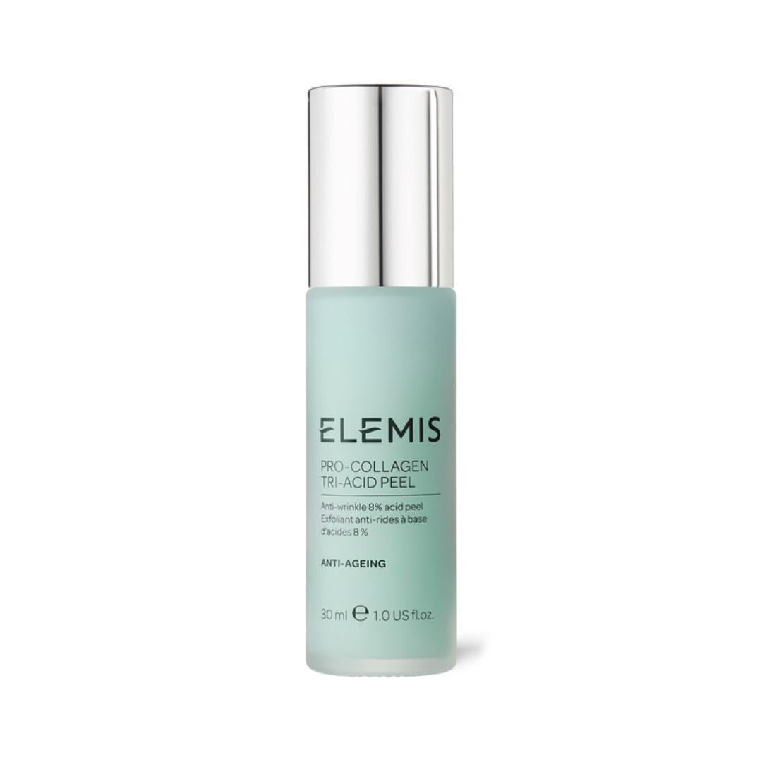A 30ml bottle of ELEMIS - PRO-COLLAGEN 8% TRI ACID PEEL anti-ageing skincare product by ELEMIS - STEINER features a silver and white cap and a light blue-green base. The label describes it as an anti-wrinkle facial peel with exfoliating acids, designed to enhance skin tone and luminosity while targeting fine lines and wrinkles.