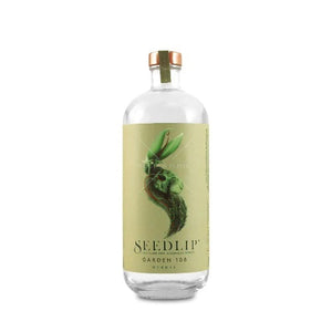 A clear glass bottle of SEEDLIP - GARDEN 108 NON ALCOHOLIC SPIRIT by SEEDLIP DRINKS, featuring a copper cap and a green and beige plant-themed label, showcases its refreshing herbal blend among non-alcoholic options.