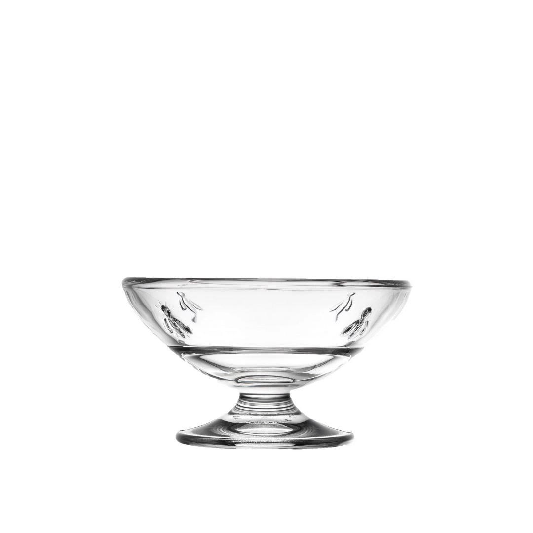 The LA ROCHERE BEE ICE CREAM CUP is an elegant clear glass dessert cup with a short pedestal base and subtle leaf engravings, shown against a plain white background.