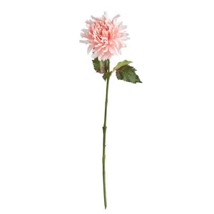 A single chrysanthemum flower with a long green stem and lush leaves from NAPA HOME AND GARDEN. The life-like pink petals are layered for a full bloom against a plain white background, highlighting its realistic beauty.