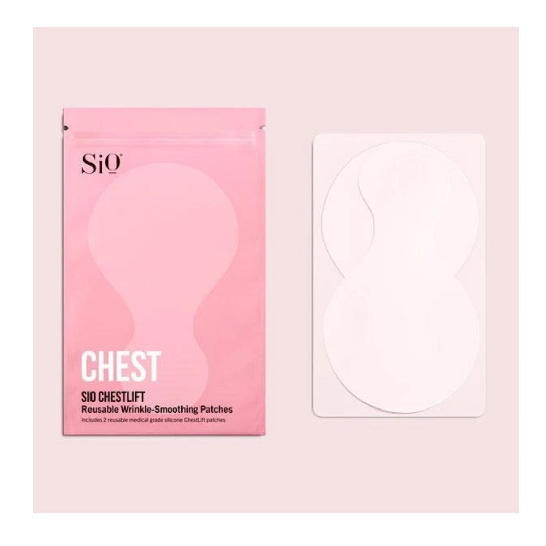 An image showcasing the SIO ChestLift reusable wrinkle-smoothing patches by SIO Beauty. The product features pink packaging labeled &quot;Chest: SiO ChestLift&quot; on the left, and an adhesive patch in a figure-eight shape made of medical-grade silicone placed on a clear sheet on the right. Ideal for effective treatment of chest wrinkles.