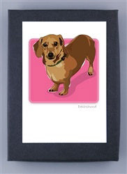 PAPER RUSSELLS - DACHSHUND BOXED CARDS by PAPER RUSSELLS feature a brown dachshund on a pink background, centered on eco-friendly white cards with dark gray borders—perfect stationery for any dog lover.