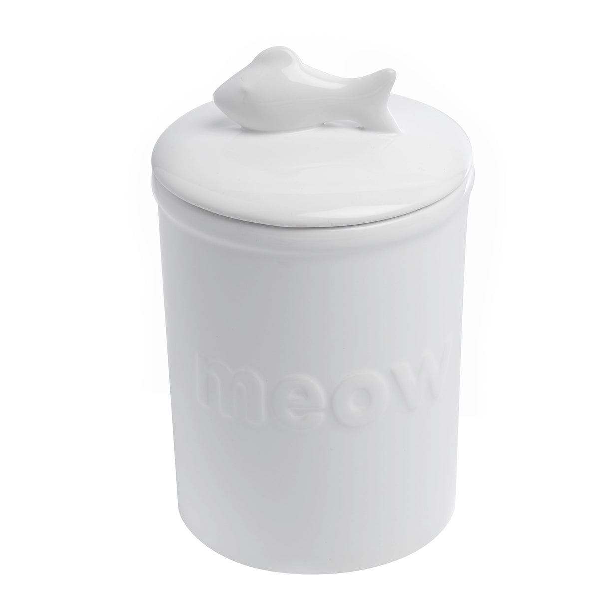 Introducing the Feliz Treat Jar from Park Life Designs: a white, chip-resistant ceramic jar with a smooth finish. The word &quot;meow&quot; is embossed on the front, and the lid features a small sculpted fish as a handle. Its minimalist design includes an airtight silicone seal, perfect for storing cat treats or pet food.