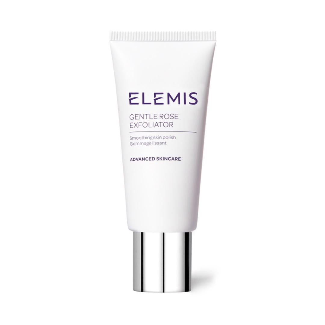 A white tube of ELEMIS Gentle Rose Exfoliator from the brand ELEMIS - STEINER, featuring a metallic silver cap. The text on the tube reads &quot;ELEMIS Gentle Rose Exfoliator, Smoothing Skin Polish with Jojoba beads and Rose Absolute. Gommage Lissant. Advanced Skincare.