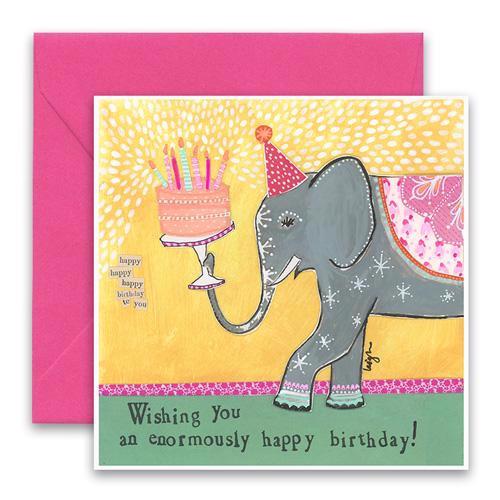 The CURLY GIRL DESIGNS - ENORMOUSLY HAPPY CARD by CURLY GIRL DESIGN, INC features a whimsical elephant holding a cake with lit candles in its trunk. The elephant, wearing a party hat and adorned with intricate designs, is part of the colorful collage art style. The text reads "Wishing you an enormously happy birthday!" A pink envelope is included to complete this charming birthday greeting card.