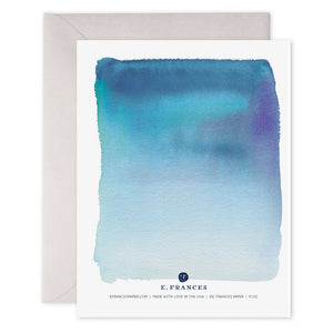 The E. FRANCES PAPER - LEAN ON ME CARD showcases abstract watercolor in blue and beige bands with "LEAN ON ME" highlighted in gold foil at the center, accompanied by a white envelope.