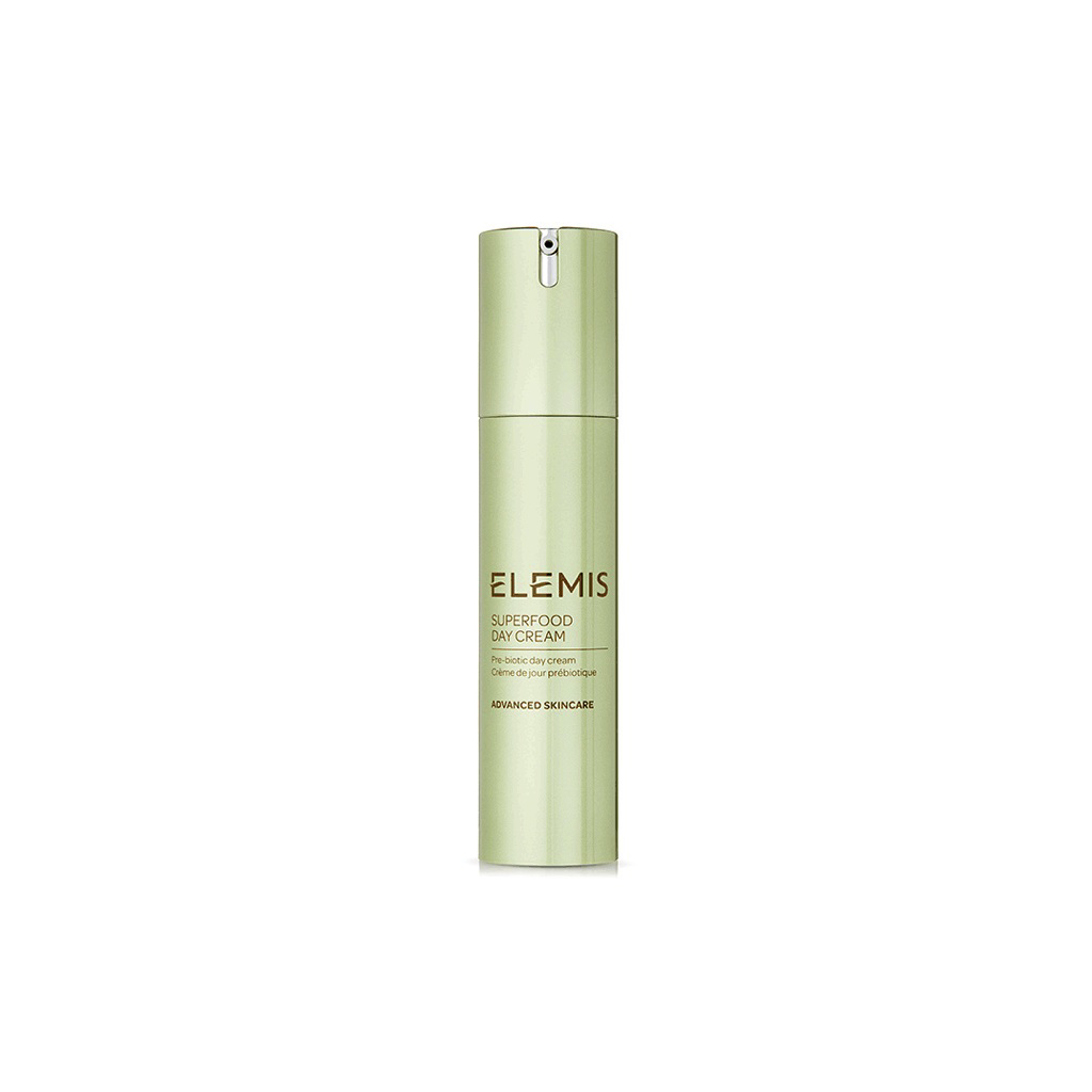 A cylindrical, light green bottle of ELEMIS - Superfood Day Cream 50ml by ELEMIS - Steiner is shown against a white background. The moisturizer has a pump dispenser and features text indicating its name and advanced skincare properties, enriched with Matcha Tea and other superfoods.