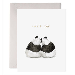 The E. FRANCES PAPER - PANDA PAIR CARD features two watercolor pandas sitting back-to-back, embellished with "LOVE YOU" in gold foil. It is presented with a light gray envelope and crafted on luxe heavyweight paper by E. FRANCES PAPER.