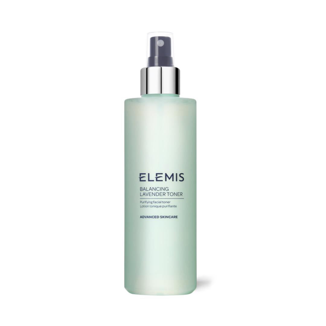 A mint-colored bottle of ELEMIS - STEINER Balancing Lavender Toner, ideal for combination skin, is displayed against a white background. The bottle includes a spray nozzle with a silver collar and the product's name printed in dark blue text on the front.